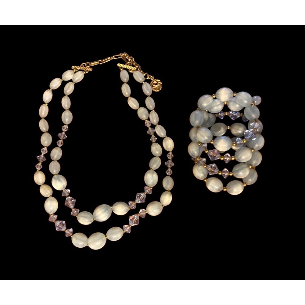 Signed LISNER Vintage Necklace and Bracelet Blue‎ Thermoset Bead Retro Crystal